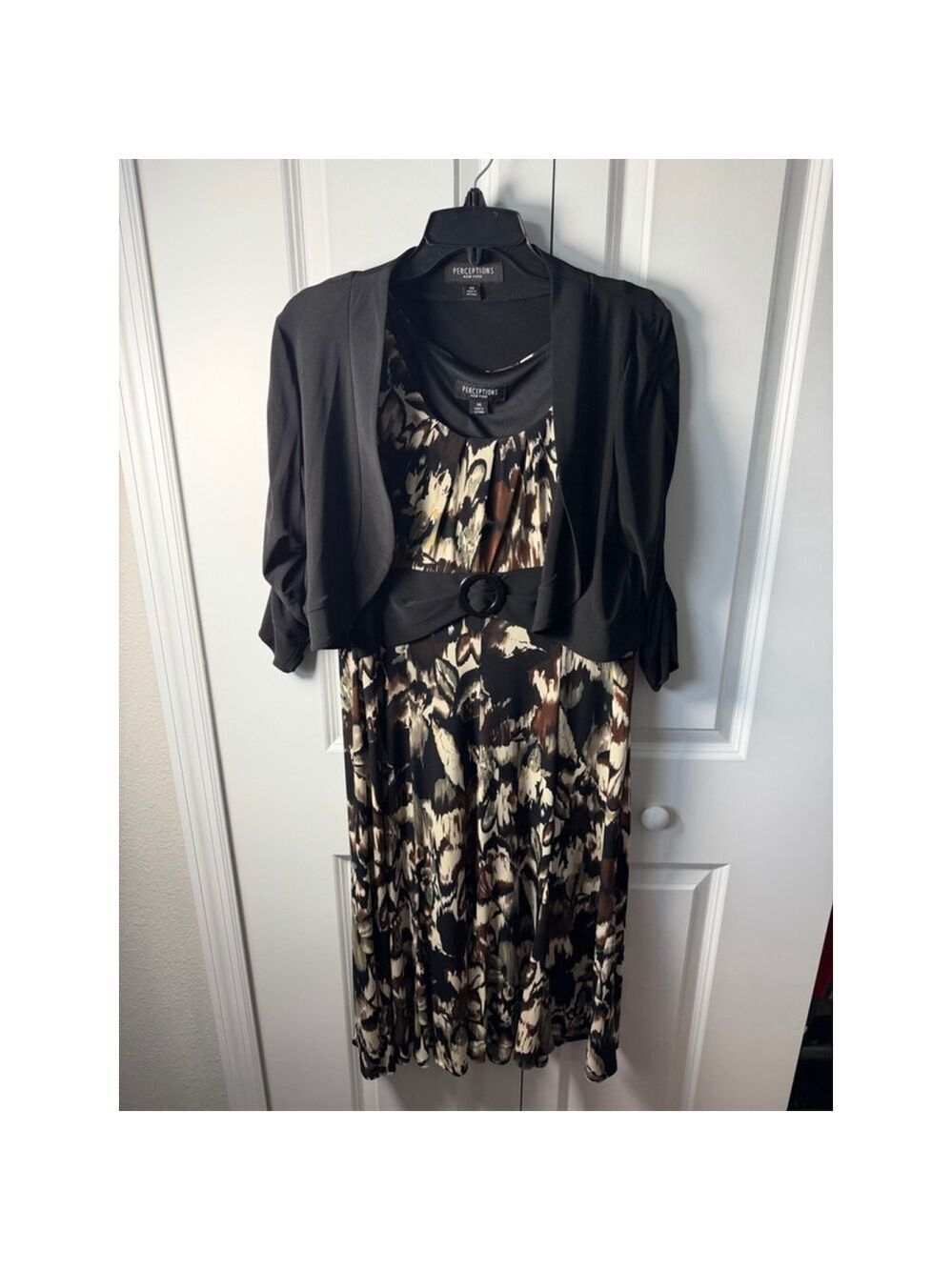 Perceptions New York Black & Brown Printed Dress Set, Size 14